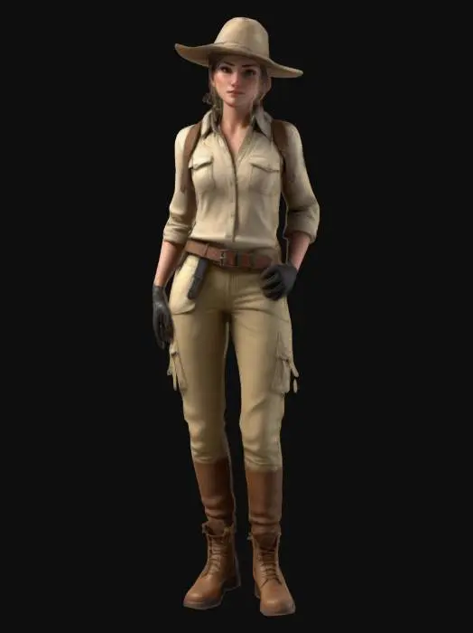 3D model for Ultra-realistic full-body 3D model of a female archaeologist in a cinematic pose. Wears a beige field shirt with rolled-up sleeves, khaki cargo pants, rugged boots, and a wide-brimmed hat. Leather satchel slung over the shoulder, gloves tucked in belt. Dusty clothing with realistic wear and fabric folds. Slightly tanned skin, light freckles, focused and determined expression. Background lighting emulates warm desert sunlight. 8K PBR textures, clean UVs, optimized for animation and game use, cinematic-grade detailing.