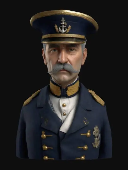 3D model for Ultra-detailed 3D portrait of a late 1800s naval commander. He has a stern, weathered expression with a neatly groomed mustache and short gray-streaked hair. Wears a dark blue double-breasted naval coat with gold buttons and epaulets, decorated with authentic medals and insignia. White high-collared shirt visible underneath. The background evokes a dimly lit officer’s quarters. Skin shows age details: fine wrinkles, sun exposure, and light scarring. Eyes focused, cinematic lighting enhances realism. 8K PBR textures, clean UVs, watertight mesh, ideal for close-up rendering., #ocean#
