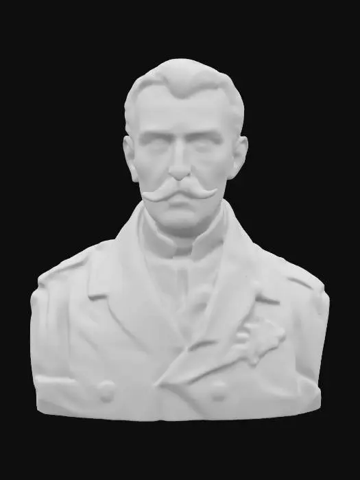 3D model for Ultra-detailed 3D portrait of a late 1800s naval commander. He has a stern, weathered expression with a neatly groomed mustache and short gray-streaked hair. Wears a dark blue double-breasted naval coat with gold buttons and epaulets, decorated with authentic medals and insignia. White high-collared shirt visible underneath. The background evokes a dimly lit officer’s quarters. Skin shows age details: fine wrinkles, sun exposure, and light scarring. Eyes focused, cinematic lighting enhances realism. 8K PBR textures, clean UVs, watertight mesh, ideal for close-up rendering., #ocean#