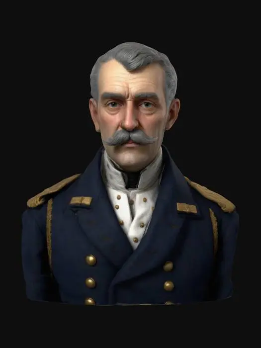 3D model for Ultra-detailed 3D portrait of a late 1800s naval commander. He has a stern, weathered expression with a neatly groomed mustache and short gray-streaked hair. Wears a dark blue double-breasted naval coat with gold buttons and epaulets, decorated with authentic medals and insignia. White high-collared shirt visible underneath. The background evokes a dimly lit officer’s quarters. Skin shows age details: fine wrinkles, sun exposure, and light scarring. Eyes focused, cinematic lighting enhances realism. 8K PBR textures, clean UVs, watertight mesh, ideal for close-up rendering., #ocean#