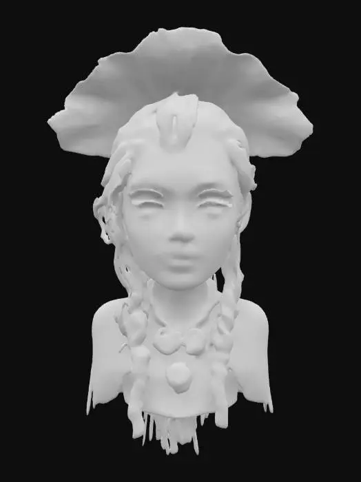 3D model for Ultra-detailed 3D portrait inspired by Disney’s Moana. Young Polynesian girl with warm brown skin, large expressive brown eyes, full lips, and long wavy dark brown hair flowing naturally. Wears a traditional Polynesian top with woven textures and a seashell necklace. Subtle facial expression—curious and confident. Skin shows natural pores, sun-kissed tone, and slight freckling. Lighting is warm and cinematic, evoking oceanic ambiance. 8K PBR textures for skin, hair, and clothing. Clean UVs, watertight mesh, optimized for close-up shots and stylized realism., #ocean#