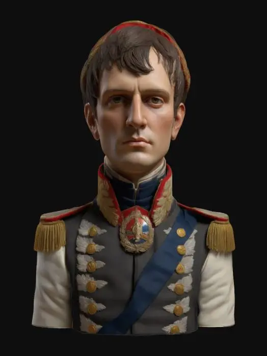 3D model for Ultra-detailed 3D portrait of Napoleon Bonaparte in full regalia. Pale skin, sharp facial features, intense gaze, and short dark brown hair. Wears a richly embroidered military uniform with golden epaulettes, red and navy detailing, and medals of honor. On his head, the iconic bicorne hat with gold trim and subtle texture folds. Realistic fabric texture with metallic thread reflections and slight historical wear. Neutral yet authoritative expression, cinematic front lighting to emphasize facial depth. 8K PBR textures for skin, hair, fabric, and hat. Clean UVs, watertight mesh, optimized for close-up ultra-realistic rendering.