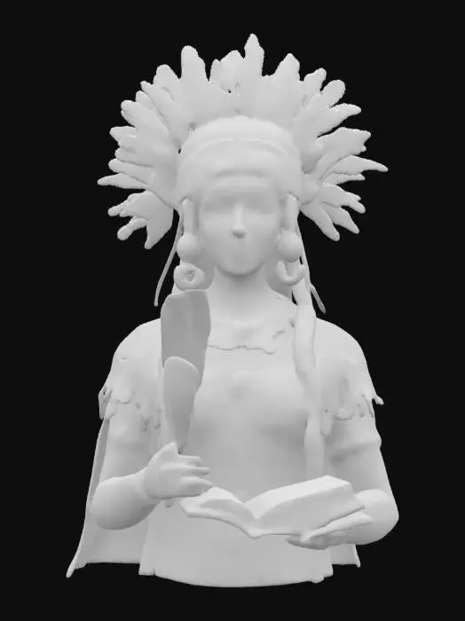 3D model for Ultra-detailed portrait of a young noble Maya woman in ceremonial dress. She wears traditional richly decorated clothing with intricate embroidery and vibrant red, blue, and gold tones. Her face is serene and focused as she writes in an ancient codex with a feather quill. Elaborate gold jewelry, including earspools, necklaces, and a feathered headdress, adorn her, all modeled with realistic material shaders. Skin features natural tone and texture, with visible pores and subtle highlights. 8K PBR textures for fabric, feathers, skin, metal, and paper. Clean UVs, watertight mesh, rigged for cinematic close-ups and historical reconstructions. Jungle background optional.