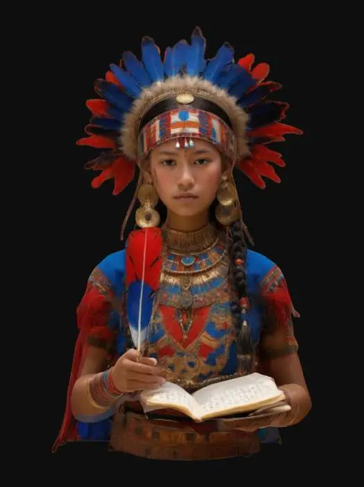 3D model for Ultra-detailed portrait of a young noble Maya woman in ceremonial dress. She wears traditional richly decorated clothing with intricate embroidery and vibrant red, blue, and gold tones. Her face is serene and focused as she writes in an ancient codex with a feather quill. Elaborate gold jewelry, including earspools, necklaces, and a feathered headdress, adorn her, all modeled with realistic material shaders. Skin features natural tone and texture, with visible pores and subtle highlights. 8K PBR textures for fabric, feathers, skin, metal, and paper. Clean UVs, watertight mesh, rigged for cinematic close-ups and historical reconstructions. Jungle background optional.