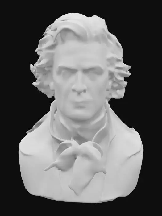 3D model for Ultra-detailed 3D portrait of Ludwig van Beethoven, aged around 50, with intense, expressive gaze. Prominent facial wrinkles, furrowed brow, and unkempt gray hair styled in thick, voluminous waves. Classical 18th-century attire: dark coat, high-collared white shirt with a red cravat. Subtle skin imperfections, visible pores, natural lighting with studio cinematic tones. 8K PBR textures for skin, hair, and fabric. Clean UVs, watertight mesh, sculpted for close-up rendering and historical fidelity.