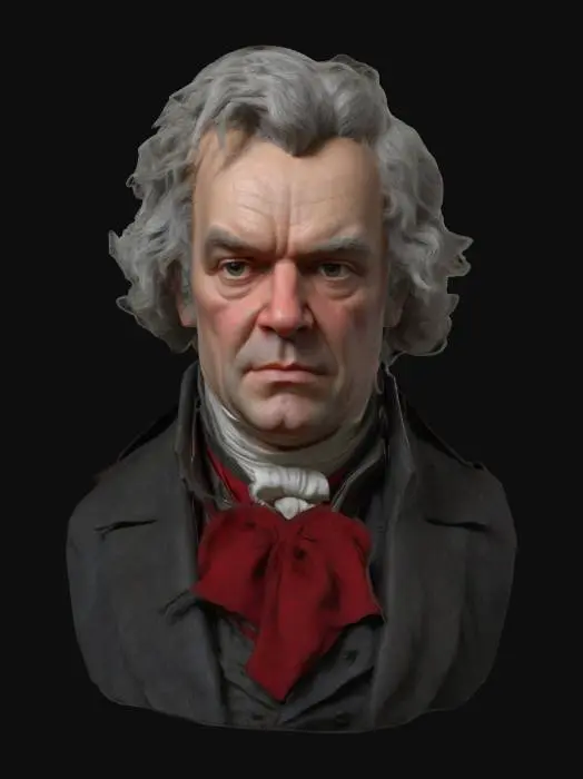 3D model for Ultra-detailed 3D portrait of Ludwig van Beethoven, aged around 50, with intense, expressive gaze. Prominent facial wrinkles, furrowed brow, and unkempt gray hair styled in thick, voluminous waves. Classical 18th-century attire: dark coat, high-collared white shirt with a red cravat. Subtle skin imperfections, visible pores, natural lighting with studio cinematic tones. 8K PBR textures for skin, hair, and fabric. Clean UVs, watertight mesh, sculpted for close-up rendering and historical fidelity.