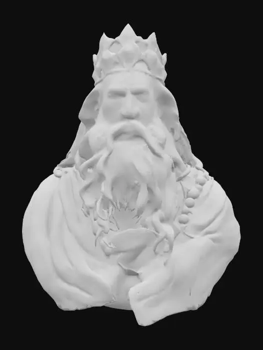 3D model for Ultra-detailed 3D portrait of Poseidon, Greek god of the sea, in a cinematic pose. Aged but powerful facial features, long wavy silver hair and a flowing beard, intense sea-blue eyes. Skin weathered by centuries, with subtle cracks and texture resembling ancient marble or weathered flesh. Wears a golden crown shaped like ocean waves and corals, adorned with seashell motifs. Partial armor or a draped teal fabric over one shoulder, wet and clinging to his form. , #ocean#,  8K PBR textures with sharp details in hair strands, pores, and metallic elements. Ideal for high-resolution close-up renders or mythological visualization.