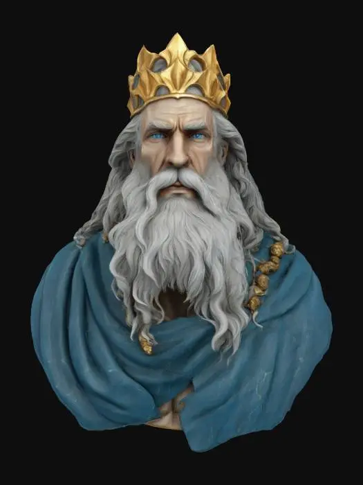 3D model for Ultra-detailed 3D portrait of Poseidon, Greek god of the sea, in a cinematic pose. Aged but powerful facial features, long wavy silver hair and a flowing beard, intense sea-blue eyes. Skin weathered by centuries, with subtle cracks and texture resembling ancient marble or weathered flesh. Wears a golden crown shaped like ocean waves and corals, adorned with seashell motifs. Partial armor or a draped teal fabric over one shoulder, wet and clinging to his form. , #ocean#,  8K PBR textures with sharp details in hair strands, pores, and metallic elements. Ideal for high-resolution close-up renders or mythological visualization.