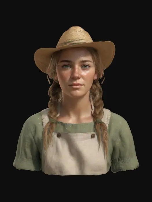 3D model for Ultra-realistic 3D portrait of a 25-year-old female farmer. European features, sun-kissed skin with freckles, light brown hair tied in a loose braid, soft green eyes. Wears a linen blouse slightly weathered, with a faded apron and a straw hat resting on her back. Expression is calm and grounded, with a gentle, hardworking gaze. Subtle dirt on skin and clothes adds realism. High-detail skin texture, visible pores, and fine fabric grain. 8K PBR textures, clean UVs, watertight mesh—optimized for close-up rendering in cinematic rural settings.