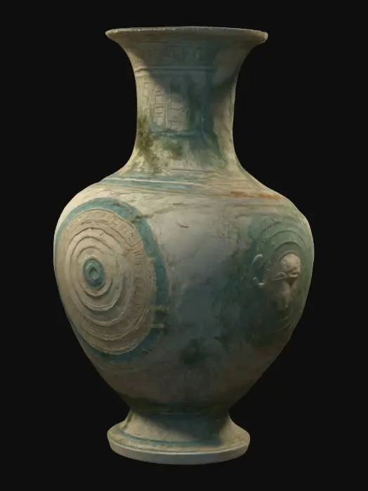 3D model for Ultra-detailed 3D model of an ancient Greek amphora submerged in the ocean. Covered partially in algae, coral encrustations, and signs of marine erosion. Elegant classical shape with faded geometric or mythological patterns engraved. Subtle cracks and worn texture on the ceramic surface. Scene suggests partial burial in ocean floor sand, with lighting filtered through water. 8K PBR textures for ceramic, organic growth, and patina. High realism suitable for underwater archaeological or cinematic scenes., #ocean#
