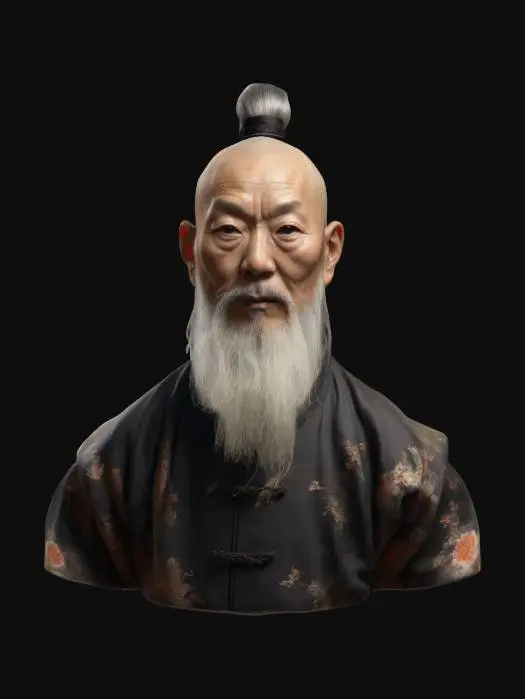 3D model for Ultra-realistic 3D portrait of a 70-year-old Chinese kung fu master. Long white beard, high cheekbones, deep-set eyes with a calm, wise expression. Wears a traditional silk kung fu robe with intricate embroidery and natural fabric flow. Hair tied in a topknot or flowing. Static cinematic pose, subtle ambient light with dojo or misty mountain background. Emphasis on skin pores, beard strands, robe texture. 8K PBR textures, clean UVs, photoreal quality, ideal for close-up portrait rendering.