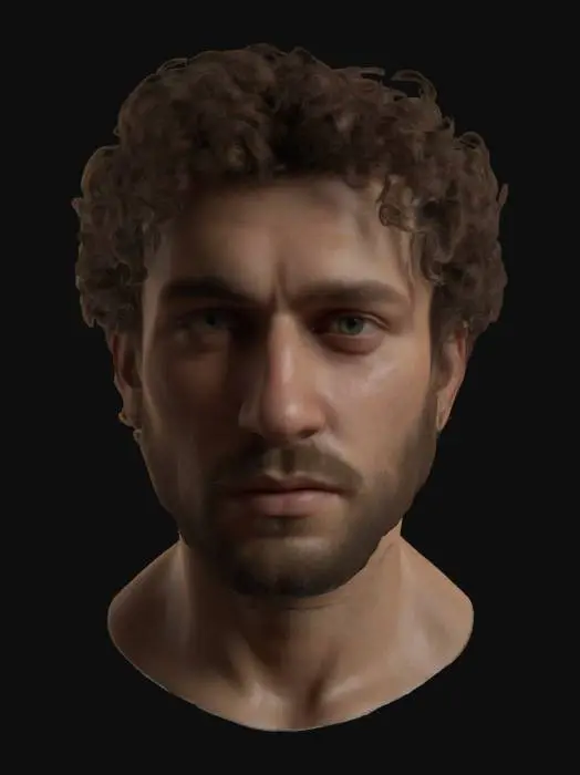3D model for Ultra-realistic 3D portrait of a European male with curly hair and unkempt beard. Calm, introspective expression under cinematic lighting that enhances facial contours and depth. Wears a white shirt with natural fabric folds and soft wrinkles. 8K textures for skin, hair, and clothing. Emphasis on lifelike eye detail, beard strands, and realistic skin pores.