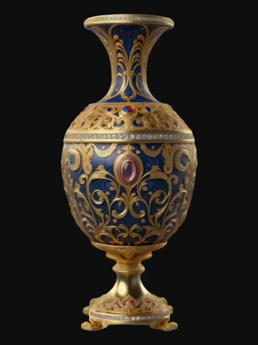 3D model for Ultra-detailed 3D model of a Fabergé-style vase. Ornate and luxurious design with gold filigree, gemstone inlays, and delicate enamel patterns. Egg-shaped curves with symmetrical detailing, standing on a finely sculpted pedestal base. Texture includes reflective gold, polished enamel, and embedded jewels. 8K PBR textures for metal, enamel, and gem materials. Clean UVs, watertight mesh, ideal for cinematic rendering or high-end game assets. Soft museum-style lighting with specular highlights to emphasize surface richness.