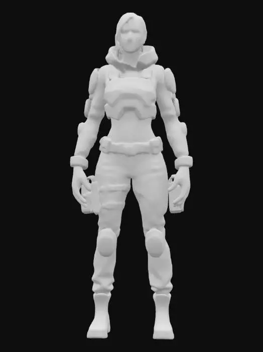 3D model for Ultra-detailed 3D model of a 25-year-old European female soldier. She wears a high-tech, metallic kevlar camouflage suit with modern tactical elements. The suit reflects subtle lighting and includes functional elements like reinforced joints, armored plating, and utility straps. Her face is photorealistic, with calm, focused expression, and tied-back brown hair. Stands in a cinematic pose, legs slightly apart, one hand resting on her hip, the other near a utility belt. The model includes clean UVs and 4K PBR textures for skin, fabric, metal, and gear. Designed game-ready, optimized for animation and cinematic rendering.