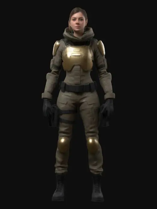 3D model for Ultra-detailed 3D model of a 25-year-old European female soldier. She wears a high-tech, metallic kevlar camouflage suit with modern tactical elements. The suit reflects subtle lighting and includes functional elements like reinforced joints, armored plating, and utility straps. Her face is photorealistic, with calm, focused expression, and tied-back brown hair. Stands in a cinematic pose, legs slightly apart, one hand resting on her hip, the other near a utility belt. The model includes clean UVs and 4K PBR textures for skin, fabric, metal, and gear. Designed game-ready, optimized for animation and cinematic rendering.