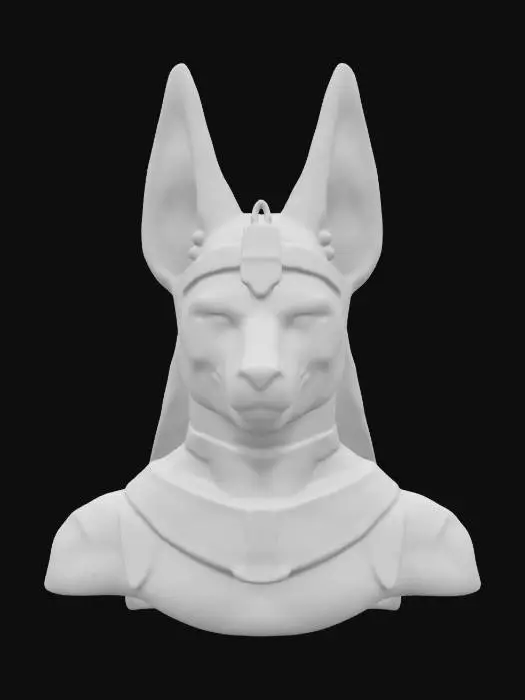 3D model for Ultra-realistic 3D portrait of the Egyptian god Anubis in frontal view, cinematic pose. Jackal-headed deity with black fur texture, gold-lined ears, glowing amber eyes. Wears an ornate pharaoh-style headdress and broad golden collar with hieroglyphic engravings. Skin and fur show detailed pores and hair strands. Armor-like chest piece with polished obsidian and gold trim. Background subtly dark with directional cinematic lighting highlighting facial features. 8K PBR textures, clean UVs, optimized for dramatic rendering and mythological atmosphere.