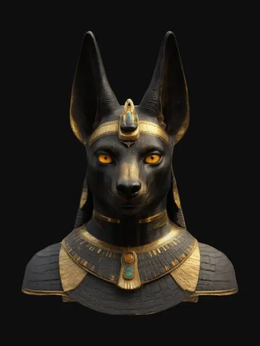 3D model for Ultra-realistic 3D portrait of the Egyptian god Anubis in frontal view, cinematic pose. Jackal-headed deity with black fur texture, gold-lined ears, glowing amber eyes. Wears an ornate pharaoh-style headdress and broad golden collar with hieroglyphic engravings. Skin and fur show detailed pores and hair strands. Armor-like chest piece with polished obsidian and gold trim. Background subtly dark with directional cinematic lighting highlighting facial features. 8K PBR textures, clean UVs, optimized for dramatic rendering and mythological atmosphere.