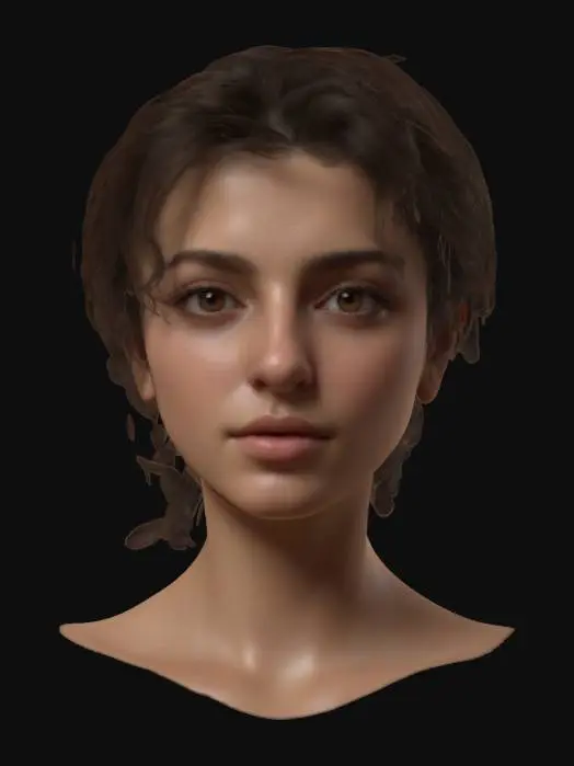 3D model for Ultra-realistic 3D portrait of a 23-year-old Italian woman with short, dark brown wavy hair and smooth fair skin. Expressive brown eyes, delicate Mediterranean facial features, natural makeup, and soft lighting enhance realism. Neutral facial expression with subtle emotion. High-resolution 8K PBR textures for skin, eyes, and hair. Focus on facial mesh quality, detailed pores, slight imperfections, and realistic subsurface scattering. Clean UVs, watertight model, optimized for cinematic rendering and close-up shots.
