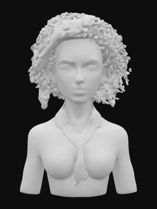 3D model for Ultra-realistic 3D portrait of a 25-year-old African woman with curly, wavy red hair. She has a sculpted physique, smooth rich skin, full lips, and well-defined facial features. Wears a fitted leopard-print shirt that complements her confident, striking look. Expression is calm and captivating, with eyes softly focused. Cinematic lighting enhances skin detail, hair texture, and fabric pattern. 8K PBR textures, ultra-detailed mesh, clean UVs, optimized for close-up rendering and high-resolution portraits. 