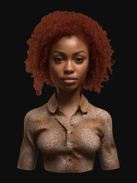 3D model for Ultra-realistic 3D portrait of a 25-year-old African woman with curly, wavy red hair. She has a sculpted physique, smooth rich skin, full lips, and well-defined facial features. Wears a fitted leopard-print shirt that complements her confident, striking look. Expression is calm and captivating, with eyes softly focused. Cinematic lighting enhances skin detail, hair texture, and fabric pattern. 8K PBR textures, ultra-detailed mesh, clean UVs, optimized for close-up rendering and high-resolution portraits. 