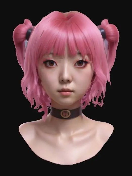 3D model for Ultra-realistic 3D portrait of a 25-year-old Japanese woman in cosplay style. She has smooth pale skin and vibrant pink hair styled in layered strands, possibly with bangs or twin tails. Expressive brown eyes with high-reflective highlights. She wears stylized makeup and subtle costume accessories typical of anime-inspired cosplay (e.g. collar, ribbons, or futuristic headset). Cinematic lighting highlights facial details, with clear skin texture, visible pores, and soft shadows. 8K PBR textures for skin, hair, and accessories. Neutral or slightly playful expression. Perfect for high-end renders or character close-ups.