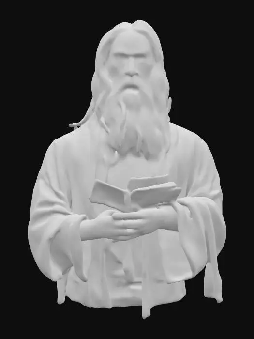 3D model for Ultra-detailed full-body 3D model of Leonardo da Vinci, idealized historical representation for educational purposes. Elderly Italian male, 65-70 years old, long wavy gray hair and flowing beard, expressive face with deep-set eyes and thoughtful expression. Wears a period-accurate 15th-century Renaissance robe in muted tones, with fabric folds and stitching meticulously sculpted. Standing in a cinematic pose with one hand holding a notebook and the other slightly raised in gesture. Skin features realistic pores, wrinkles, and age spots. 8K PBR textures for skin, fabric, and hair. Clean UVs, watertight mesh, render-ready and game-ready. Studio lighting with subtle rim light to enhance form and silhouette. Ideal for museum, AR/VR, or educational applications.
