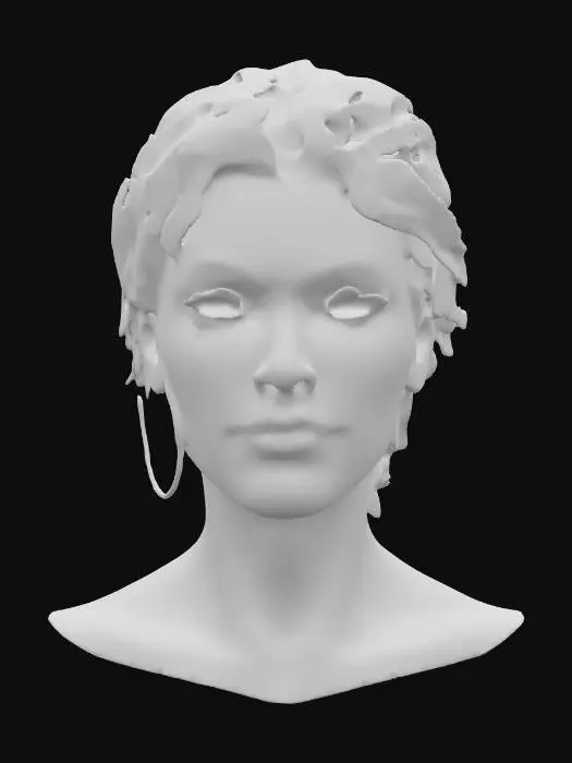 3D model for Ultra-realistic 3D portrait of a 25-year-old Black woman with rich dark skin tone. She has voluminous black hair, styled naturally, and full, well-defined lips. Her face is expressive with soft lighting enhancing her cheekbones and jawline. Eyes are deep and reflective, with detailed irises and subtle specular highlights. Cinematic pose with a calm and confident expression. 8K PBR textures for skin, hair, and eyes. Emphasis on photorealistic detail: pores, subtle skin variation, and lifelike lighting. Clean topology, ideal for close-up rendering.