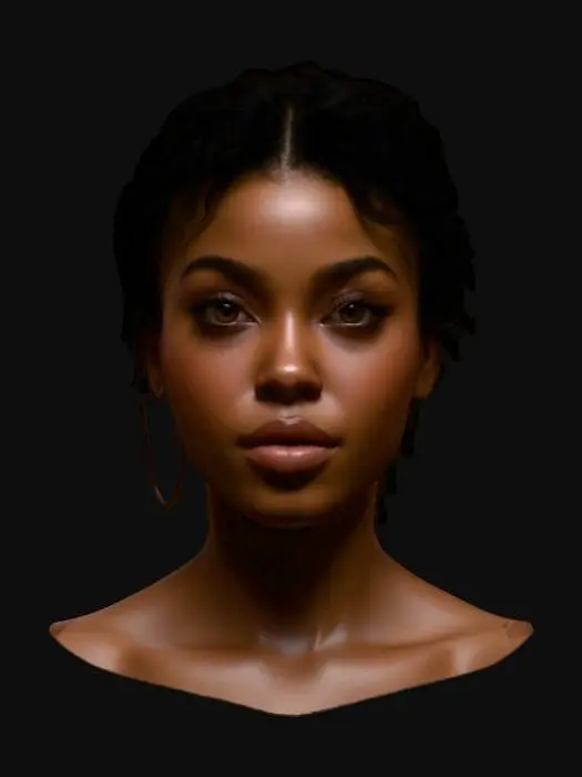 3D model for Ultra-realistic 3D portrait of a 25-year-old Black woman with rich dark skin tone. She has voluminous black hair, styled naturally, and full, well-defined lips. Her face is expressive with soft lighting enhancing her cheekbones and jawline. Eyes are deep and reflective, with detailed irises and subtle specular highlights. Cinematic pose with a calm and confident expression. 8K PBR textures for skin, hair, and eyes. Emphasis on photorealistic detail: pores, subtle skin variation, and lifelike lighting. Clean topology, ideal for close-up rendering.