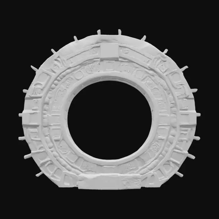 3D model for Ultra-detailed 3D model of a Stargate-inspired portal, crafted in ancient stone. Circular structure with deeply carved Egyptian hieroglyphs along the inner and outer rings. Surface shows realistic stone grain, erosion, and chipped edges. Inner ring features engraved glyphs glowing faintly with blue or gold light. Symbols are weathered but legible. Portal interior is inactive or shimmering with energy. 8K PBR textures for stone, emissive runes, and dust. Clean UVs, watertight mesh. Ideal as a high-fidelity prop for sci-fi or ancient alien scenes. Cinematic lighting with soft ambient glow and shadows.