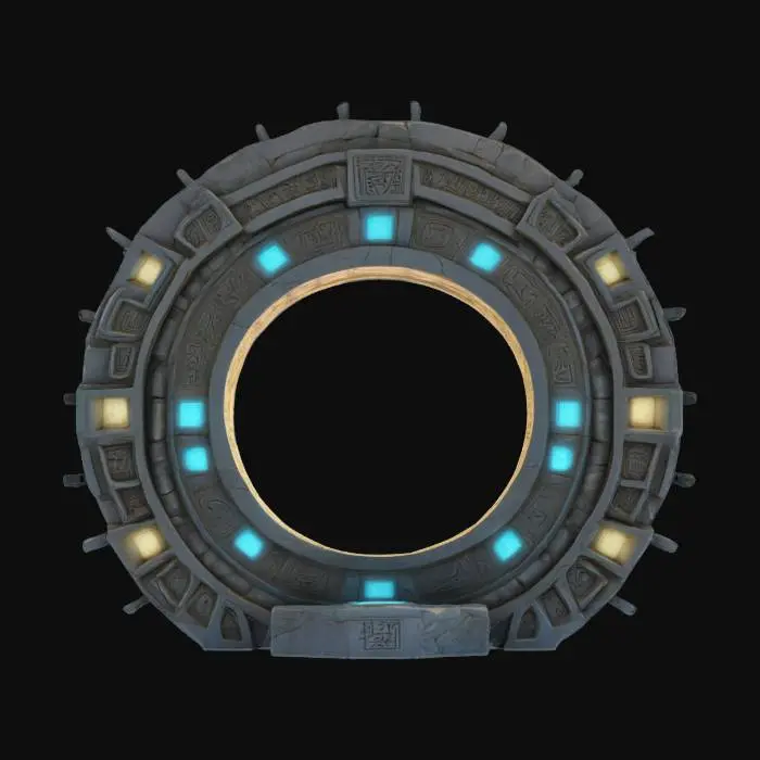 3D model for Ultra-detailed 3D model of a Stargate-inspired portal, crafted in ancient stone. Circular structure with deeply carved Egyptian hieroglyphs along the inner and outer rings. Surface shows realistic stone grain, erosion, and chipped edges. Inner ring features engraved glyphs glowing faintly with blue or gold light. Symbols are weathered but legible. Portal interior is inactive or shimmering with energy. 8K PBR textures for stone, emissive runes, and dust. Clean UVs, watertight mesh. Ideal as a high-fidelity prop for sci-fi or ancient alien scenes. Cinematic lighting with soft ambient glow and shadows.