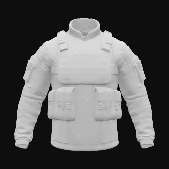 3D model for Ultra-detailed 3D model of a tactical military jacket designed for videogame characters. Modular design with padded shoulders, reinforced seams, and layered armor inserts. Multiple utility pockets with velcro flaps, MOLLE webbing, zippers, and clip fasteners. High collar with optional hood stowed at the back. Fabric shows wear, dust, and abrasion. Color scheme: dark green, black, or camo. 8K PBR textures for fabric, metal, plastic, and stitching. Clean UVs, watertight mesh. Ideal for FPS or tactical RPGs. Studio lighting with soft shadows highlights materials and structure.
