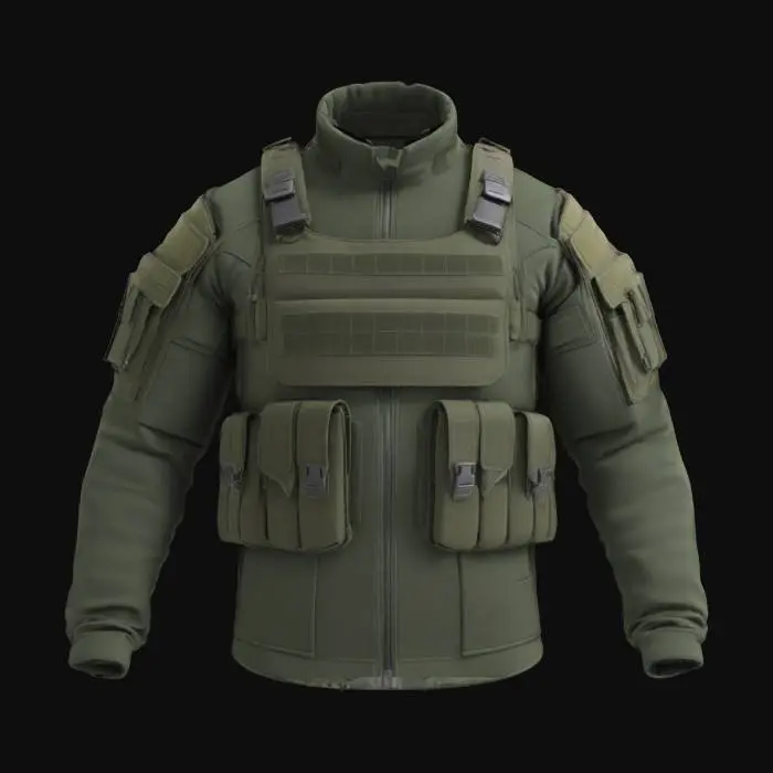3D model for Ultra-detailed 3D model of a tactical military jacket designed for videogame characters. Modular design with padded shoulders, reinforced seams, and layered armor inserts. Multiple utility pockets with velcro flaps, MOLLE webbing, zippers, and clip fasteners. High collar with optional hood stowed at the back. Fabric shows wear, dust, and abrasion. Color scheme: dark green, black, or camo. 8K PBR textures for fabric, metal, plastic, and stitching. Clean UVs, watertight mesh. Ideal for FPS or tactical RPGs. Studio lighting with soft shadows highlights materials and structure.
