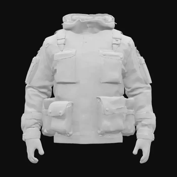 3D model for Ultra-detailed 3D model of a tactical military jacket designed for videogame characters. Modular design with padded shoulders, reinforced seams, and layered armor inserts. Multiple utility pockets with velcro flaps, MOLLE webbing, zippers, and clip fasteners. High collar with optional hood stowed at the back. Fabric shows wear, dust, and abrasion. Color scheme: dark green, black, or camo. 8K PBR textures for fabric, metal, plastic, and stitching. Clean UVs, watertight mesh. Ideal for FPS or tactical RPGs. Studio lighting with soft shadows highlights materials and structure.