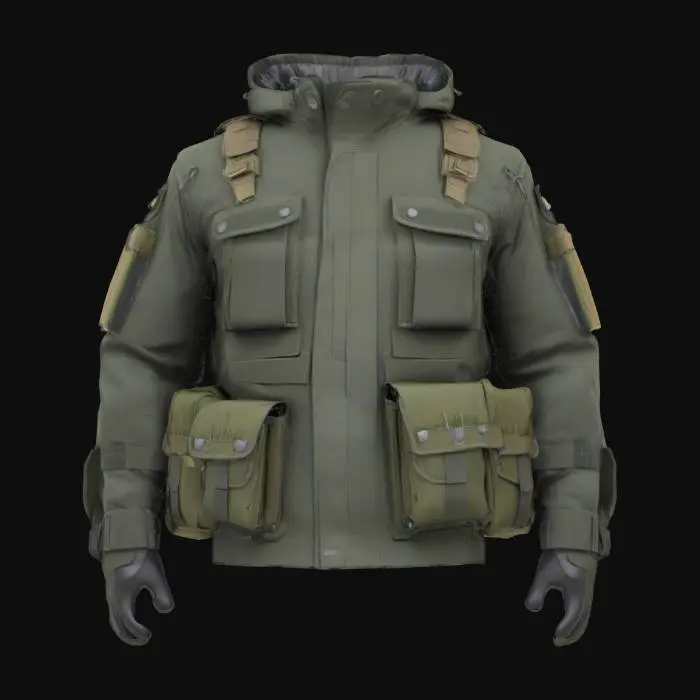 3D model for Ultra-detailed 3D model of a tactical military jacket designed for videogame characters. Modular design with padded shoulders, reinforced seams, and layered armor inserts. Multiple utility pockets with velcro flaps, MOLLE webbing, zippers, and clip fasteners. High collar with optional hood stowed at the back. Fabric shows wear, dust, and abrasion. Color scheme: dark green, black, or camo. 8K PBR textures for fabric, metal, plastic, and stitching. Clean UVs, watertight mesh. Ideal for FPS or tactical RPGs. Studio lighting with soft shadows highlights materials and structure.