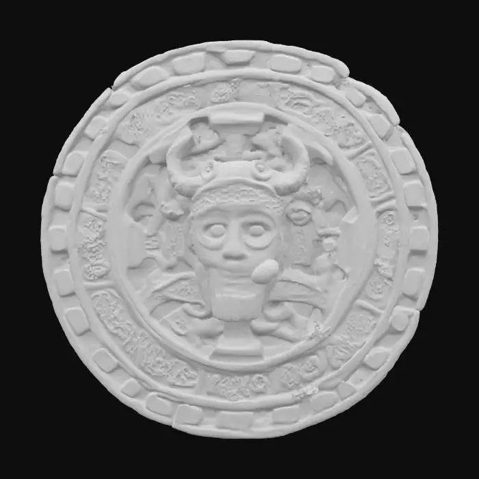 3D model for Ultra-detailed 3D model of a Maya emblem carved in stone or jade. Circular or shield-shaped with intricate glyphs, stylized faces, and stepped patterns. Central motif represents a deity or animal spirit, surrounded by radial symbols. Surface shows chisel marks, erosion, and moss in crevices. Edges are chipped, aged, and slightly cracked. 8K PBR textures for stone, dirt, and carvings. Clean UVs, watertight mesh. Studio lighting with soft shadows enhances relief depth and ancient craftsmanship. Ideal as relic, puzzle element, or temple decor in adventure or historical scenes.