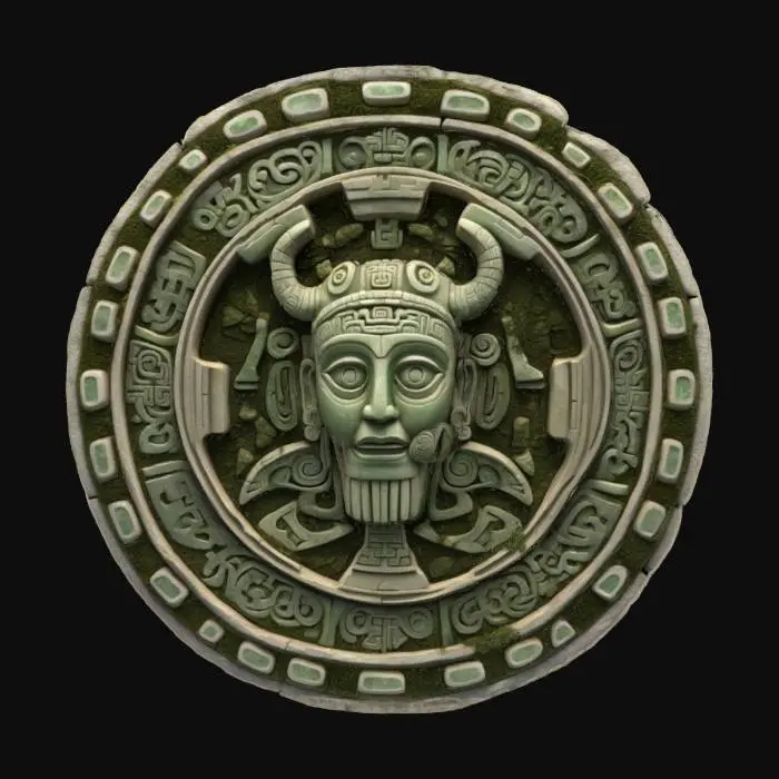 3D model for Ultra-detailed 3D model of a Maya emblem carved in stone or jade. Circular or shield-shaped with intricate glyphs, stylized faces, and stepped patterns. Central motif represents a deity or animal spirit, surrounded by radial symbols. Surface shows chisel marks, erosion, and moss in crevices. Edges are chipped, aged, and slightly cracked. 8K PBR textures for stone, dirt, and carvings. Clean UVs, watertight mesh. Studio lighting with soft shadows enhances relief depth and ancient craftsmanship. Ideal as relic, puzzle element, or temple decor in adventure or historical scenes.