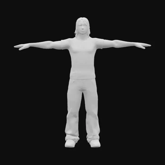 3D model for Photorealistic, T- POSE of adult gorgeous guy, His face is so realistic, green eyes, the legs are little distanziate; Highly Detailed, Full Body realistic, it has long wiggly blonde hair, wearing casual style, #iper #realistic#