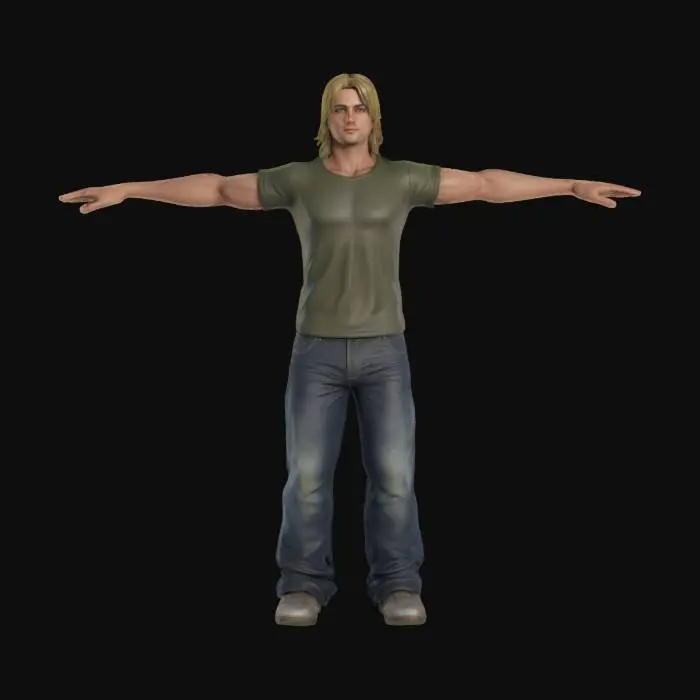 3D model for Photorealistic, T- POSE of adult gorgeous guy, His face is so realistic, green eyes, the legs are little distanziate; Highly Detailed, Full Body realistic, it has long wiggly blonde hair, wearing casual style, #iper #realistic#