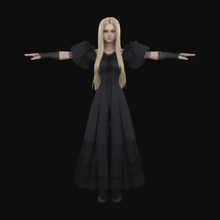 3D model for Photorealistic, T- POSE of adult gorgeous woman, Her face is so realistic, blue eyes; Highly Detailed, Full Body realistic, it has long blond hair, wearing goth dress, #iper #realistic#