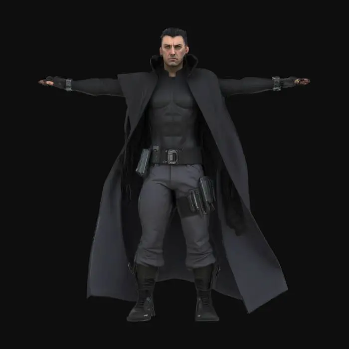 3D model for 3D photorealistic model of a male cyberpunk character, approximately 35 years old. He wears a long black high-tech cloak with futuristic fabric detail and light weathering, paired with dark grey tactical pants featuring cybernetic attachments and armored segments. His shoes are matte black, reinforced with sci-fi detailing. The character has a stern expression, with a noticeable facial scar running down the left side of his cheek. On his left forearm, he has a detailed wrist monitor device displaying animated health/vitals info in a holographic blue interface. High-poly mesh with PBR textures (fabric, skin, leather, glowing emissives), clean UVs, rigged and game-ready for Unreal Engine 5 or Blender. Ideal for sci-fi, dystopian, or stealth-action settings. The character are in T-pose