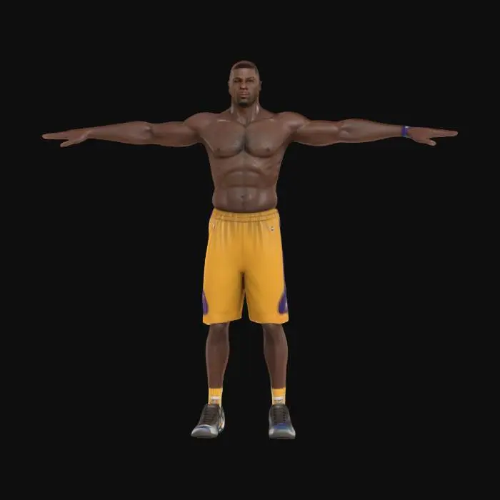 3D model for Ultra-detailed 3D model of an African American NBA player, around 30 years old, in T-pose ready for animation. Tall, muscular build with defined anatomy, veins, and realistic skin pores. Wears full official basketball gear: sleeveless jersey, team shorts, high-top sneakers, and accessories like wristbands and arm sleeve. Short fade haircut, neutral focused expression. 8K PBR textures for skin, fabric, shoes, and logos. Clean UVs, watertight mesh, rigged and optimized for animation and game engines. Studio lighting enhances body definition and material detail. Ideal for sports simulations or character customization.