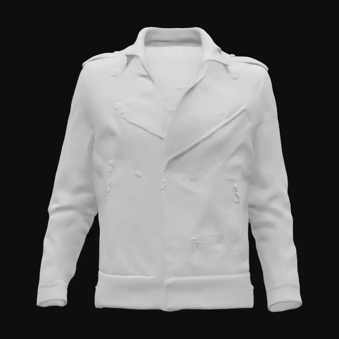 3D model for Ultra-detailed 3D model of a dark brown leather biker jacket, inspired by reference image. Features realistic stitched panels, metallic zippers on chest and side pockets, and snap-button collar. Leather surface includes natural wrinkles, seams, and subtle wear on edges. Inner lining and folded collar visible with fabric contrast. Slight sheen on leather with micro surface imperfections. 8K PBR textures for leather, metal, and stitching. Clean UVs, watertight mesh. Studio lighting with soft highlights and shadow depth to enhance material richness. Ideal as clothing asset for realistic characters in games or cinematic projects.