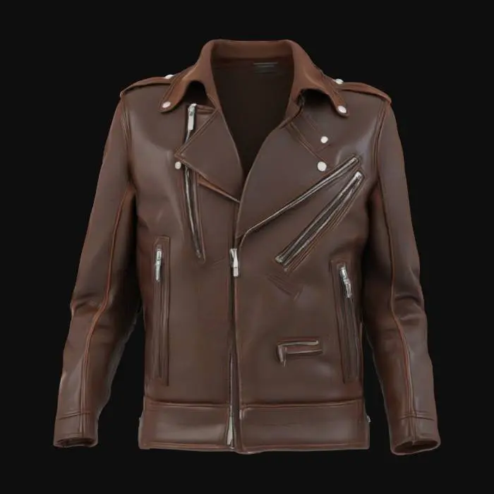 3D model for Ultra-detailed 3D model of a dark brown leather biker jacket, inspired by reference image. Features realistic stitched panels, metallic zippers on chest and side pockets, and snap-button collar. Leather surface includes natural wrinkles, seams, and subtle wear on edges. Inner lining and folded collar visible with fabric contrast. Slight sheen on leather with micro surface imperfections. 8K PBR textures for leather, metal, and stitching. Clean UVs, watertight mesh. Studio lighting with soft highlights and shadow depth to enhance material richness. Ideal as clothing asset for realistic characters in games or cinematic projects.