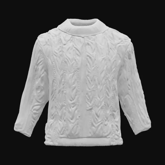 3D model for Ultra-detailed 3D model of a beige cable-knit cashmere sweater based on reference image. Features intricate braided and honeycomb knit patterns across the front, sleeves, and back. Ribbed cuffs, collar, and waistband provide realistic elasticity and fabric structure. Fabric surface shows fine wool fibers, subtle fuzz, and soft texture variation. Natural fold and drape simulation for added realism. 8K PBR textures for fabric weave, color variation, and softness. Clean UVs, watertight mesh, ideal for high-end fashion visualization, digital wardrobe, or character customization. Studio lighting enhances knit detail and textile depth.