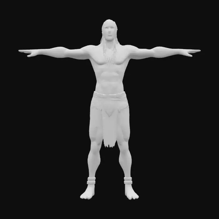 3D model for Ultra-detailed 3D model of a photorealistic Amazonian tribal warrior in T-POSE, ready for animation. Lean, athletic build with dark sun-kissed skin, decorated with natural body paint patterns and tribal tattoos. Wears traditional accessories: feathered headdress, beaded necklaces, bone earrings, and woven loincloth. Hair is long, braided or tied, with realistic texture. Skin features visible pores, scars, and sweat sheen. 8K PBR textures for skin, feathers, wood, fabric, and paint. Clean UVs, watertight mesh, animation-ready topology. Studio lighting with jungle-toned ambiance for maximum realism.