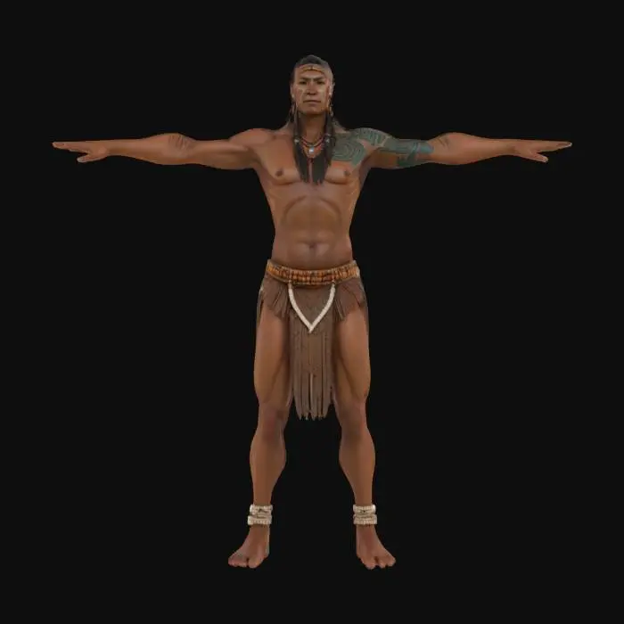 3D model for Ultra-detailed 3D model of a photorealistic Amazonian tribal warrior in T-POSE, ready for animation. Lean, athletic build with dark sun-kissed skin, decorated with natural body paint patterns and tribal tattoos. Wears traditional accessories: feathered headdress, beaded necklaces, bone earrings, and woven loincloth. Hair is long, braided or tied, with realistic texture. Skin features visible pores, scars, and sweat sheen. 8K PBR textures for skin, feathers, wood, fabric, and paint. Clean UVs, watertight mesh, animation-ready topology. Studio lighting with jungle-toned ambiance for maximum realism.