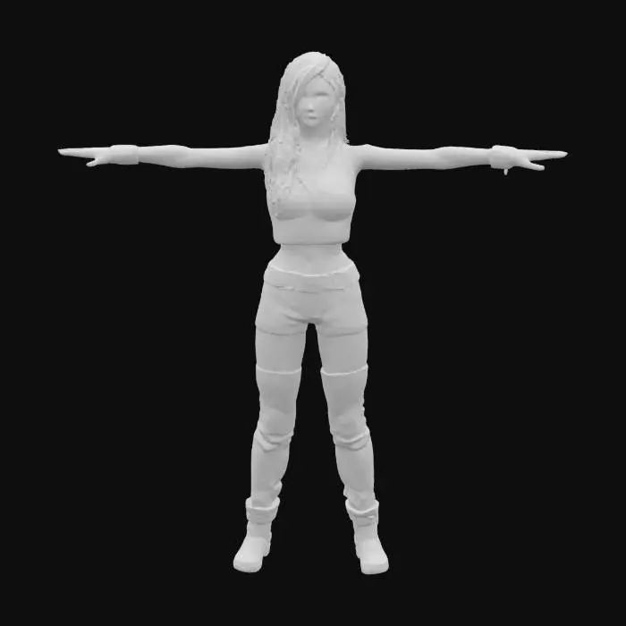 3D model for Glossy beige latex crop top with deep V-cut, paired with shiny black leather mini shorts featuring a front zipper. Over-the-knee black boots with crisscross stitching details and high platform heels. Swedish female character with fair smooth skin tone, reflective highlights, and a bold, sleek clubwear aesthetic. Presented in T-POSE, ready for animation and rigging. Clean contrast, sharp 8K PBR textures for latex, leather, and skin. Clean UVs, watertight mesh, ideal for ultra-detailed 3D modeling and stylized nightlife or character customization scenes.