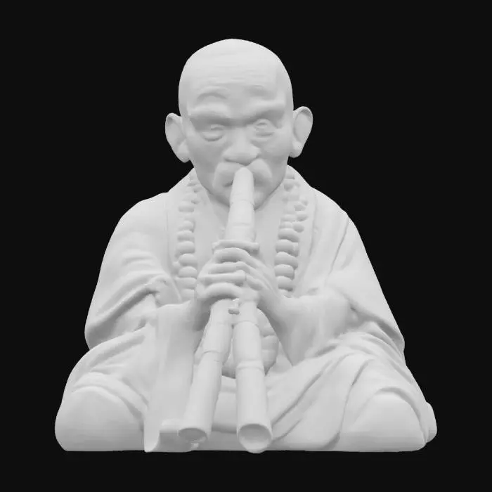 3D model for Ultra-detailed 3D model of an elderly Tibetan man playing a traditional flute. Rich facial features with deep wrinkles, sun-weathered skin, and expressive eyes. Wears layered, textured robes with intricate patterns, a prayer bead necklace, and a traditional wool hat. Hands positioned on a carved wooden flute with realistic wear. Visible fine details in skin, fabric weave, and instrument carving. 8K PBR textures for skin, fabric, wood, and metal accents. Clean UVs, watertight mesh, rigged for animation. Studio lighting enhances cultural depth, facial expression, and material realism.