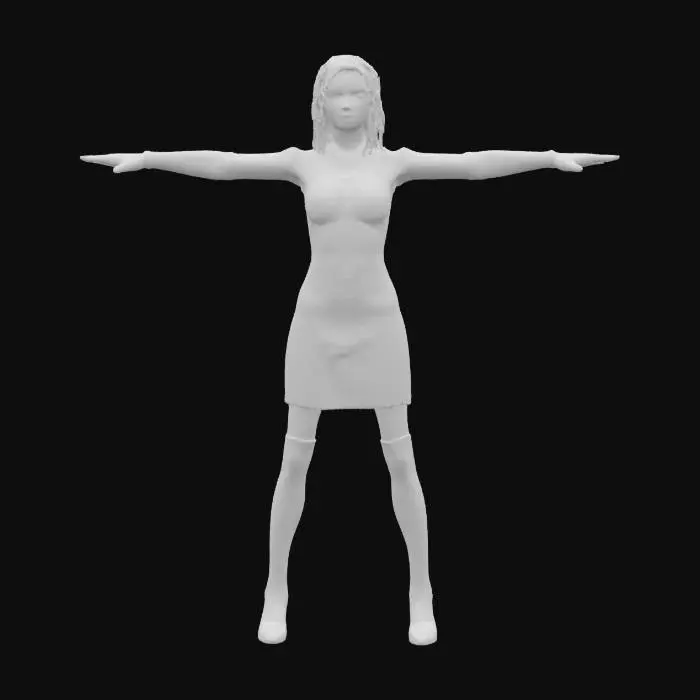 3D model for Ultra-detailed 3D model of a 25-year-old female character inspired by a high-fashion model. Blonde hair styled sleek or in loose waves, bright blue eyes, slender body with defined curves and full bust. Wears a form-fitting black leather dress that accentuates her figure, with subtle stitching, gloss finish, and high-fashion cut. Skin is flawless with soft glow and realistic pores. 8K PBR textures for leather, skin, and hair. Clean UVs, watertight mesh, rig-ready. Presented in neutral pose or T-POSE, ideal for fashion, cinematic, or character showcase scenes. Studio lighting enhances material depth and silhouette.
