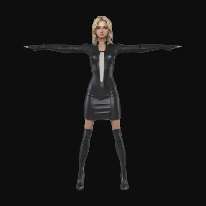3D model for Ultra-detailed 3D model of a 25-year-old female character inspired by a high-fashion model. Blonde hair styled sleek or in loose waves, bright blue eyes, slender body with defined curves and full bust. Wears a form-fitting black leather dress that accentuates her figure, with subtle stitching, gloss finish, and high-fashion cut. Skin is flawless with soft glow and realistic pores. 8K PBR textures for leather, skin, and hair. Clean UVs, watertight mesh, rig-ready. Presented in neutral pose or T-POSE, ideal for fashion, cinematic, or character showcase scenes. Studio lighting enhances material depth and silhouette.